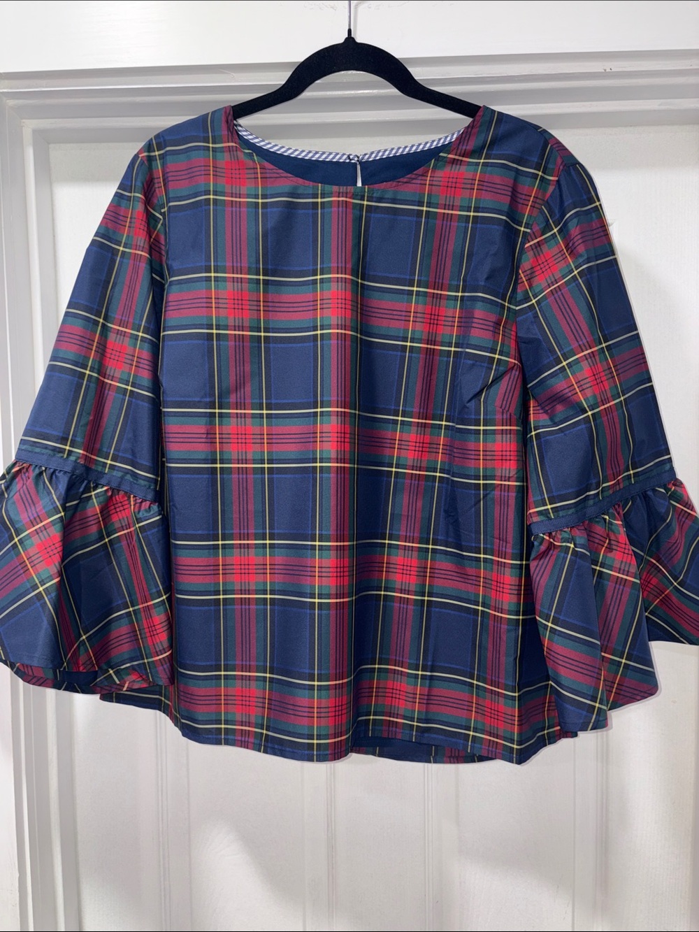 Vineyard Vines Navy and Red Plaid Bell-Sleeve Blouse